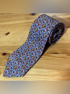 Vintage All Silk Cravat English Handblocked Crest Tapestry Rust and Blue Necktie